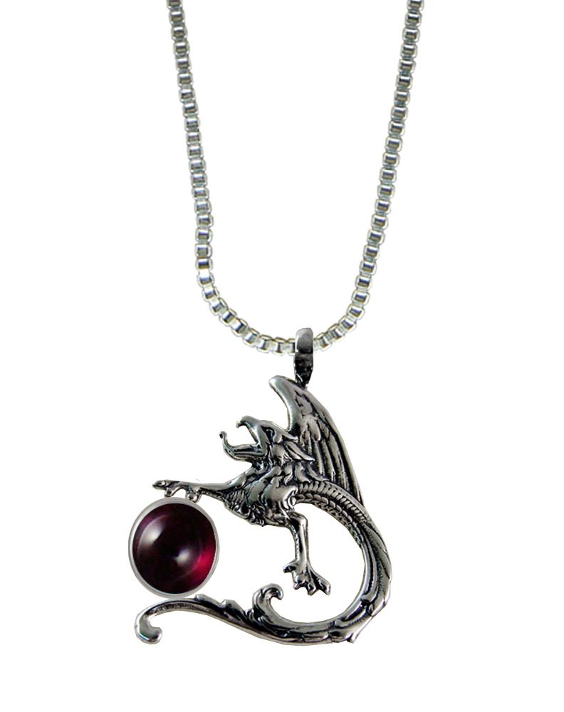 Sterling Silver Tattoo Dragon Pendant With Garnet